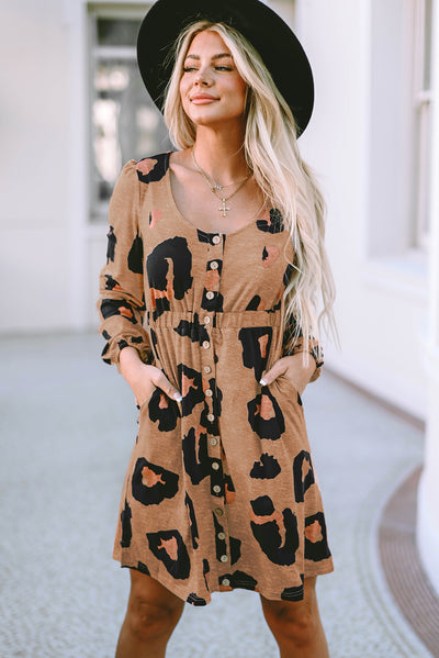 Leopard Print Button Front Bubble Sleeve Loose Knit Dress-Dresses-MomFashion