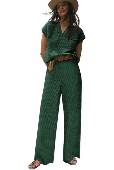 Green Knitted V Neck Sweater and Casual Pants Set-Loungewear-MomFashion