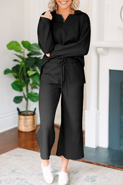 Black Solid Textured Collared V Neck Top and Wide Leg Pants Set-Two Piece Sets/Pant Sets-MomFashion