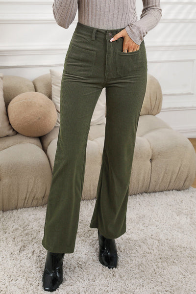 Green High Waist Square Pockets Corduroy Pants-Bottoms-MomFashion