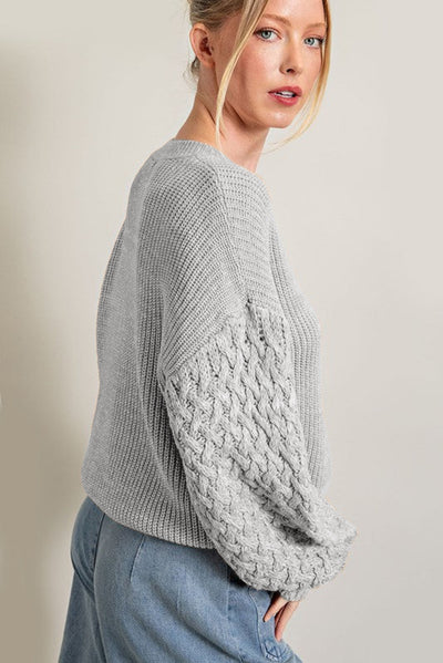 Light Grey Cable Knit Sleeve Drop Shoulder Sweater-Tops-MomFashion