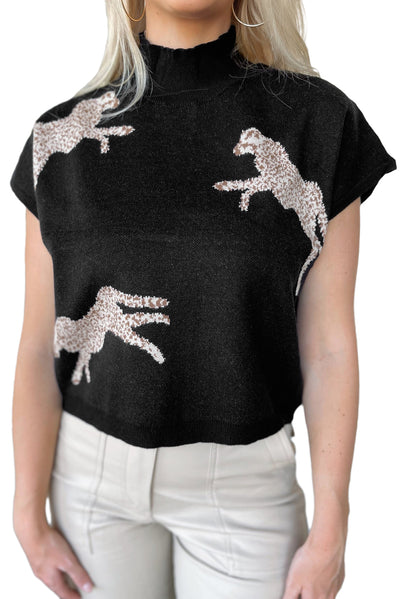 Black Lively Cheetah Pattern High Neck Short Sleeve Sweater-Tops-MomFashion