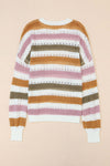 Multicolor Striped Hollowed Knitted Loose Sweater-Tops-MomFashion