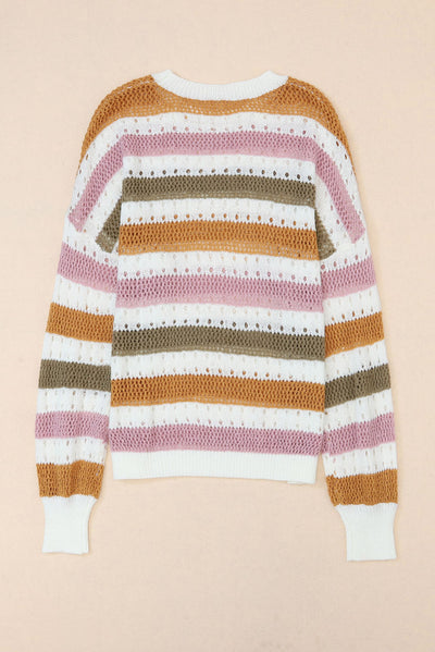 Multicolor Striped Hollowed Knitted Loose Sweater-Tops-MomFashion