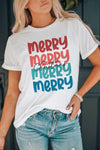 White Merry Christmas Letter Print Crew Neck T Shirt-Graphic-MomFashion