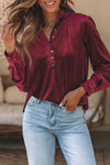 Burgundy Frilled Neck Buttoned Front Velvet Top-Tops-MomFashion