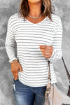 Striped V Neck Long Sleeve Top-Tops-MomFashion