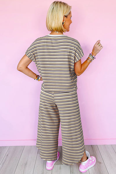 Black Stripe Rainbow Tee Tasseled String Wide Leg Pants Set-Two Piece Sets/Pant Sets-MomFashion