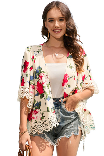 Beige Floral Print Scalloped Lace Splicing Kimono-Outerwear-MomFashion