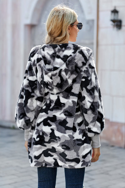 Gray Camo Print Soft Fleece Hooded Open Front Coat-Outerwear-MomFashion