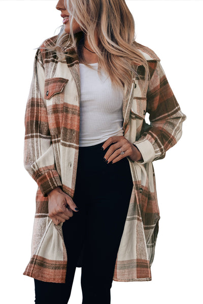 Brown Plaid Print Flap Pockets Long Shacket-Outerwear-MomFashion