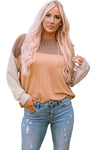 Khaki Color Block Long Sleeve Ribbed Loose Top-Tops-MomFashion