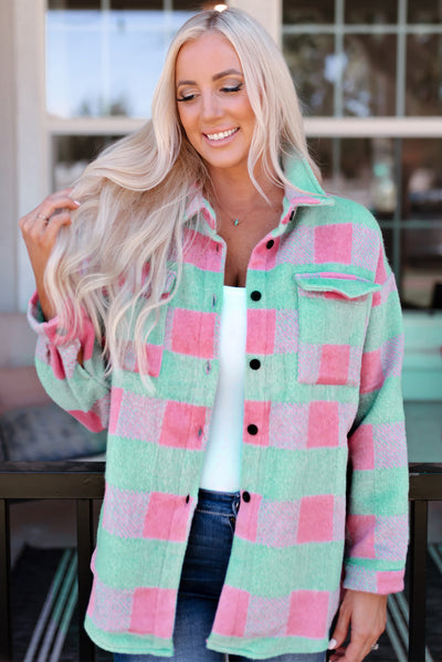 Pink Plaid Pattern Oversized Shacket-Outerwear-MomFashion