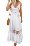 White Lace Splice Button Decor Spaghetti Strap Maxi Dress-Dresses-MomFashion