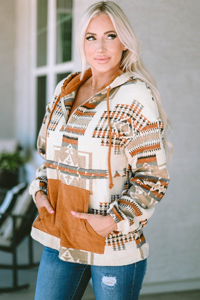 Beige Aztec Print Kangaroo Pocket Half-Zip Hoodie-Tops-MomFashion