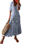 Sky Blue V Neck Casual Geometric Print Maxi Dress-Dresses-MomFashion