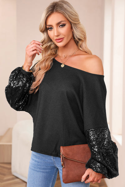 Black Sequin Patchwork Sleeve Open Back Waffle Knit Top-Tops-MomFashion