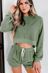 Green Fleece Two-piece Cropped Pullover and Shorts Set-Loungewear-MomFashion