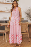 Pink Abstract Print Split Neck Sleeveless Maxi Dress-Dresses-MomFashion