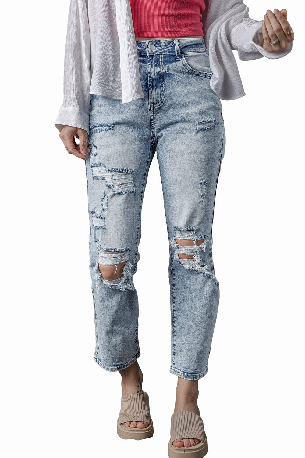 Sky Blue Light Wash Frayed Slim Fit High Waist Jeans-Bottoms-MomFashion