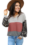 Fiery Red Wild Leopard Contrast Sleeve Colorblock Waffle Knit Top-Tops-MomFashion