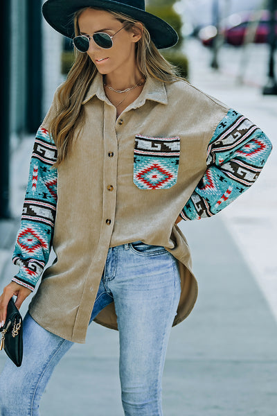 Khaki Aztec Pattern Sleeve Pocketed Corduroy Shacket-Outerwear-MomFashion