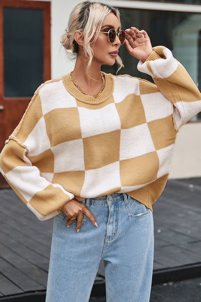 Khaki Checkered Bishop Sleeve Sweater-Tops-MomFashion