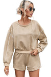 Khaki Piping Trim Long Sleeve Terry Shorts Set-Loungewear-MomFashion