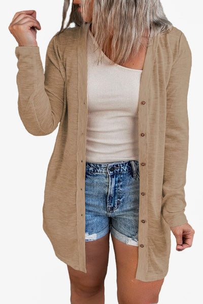 Brown Buttoned Thigh-high Length Plus Size Cardigan-Plus Size-MomFashion