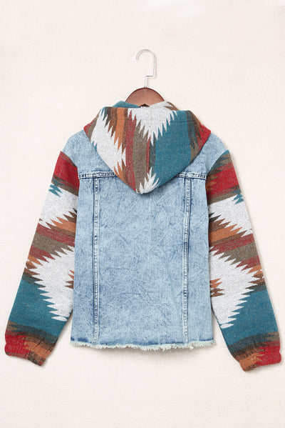 Multicolor Aztec Print Frayed Hem Denim Jacket-Outerwear-MomFashion