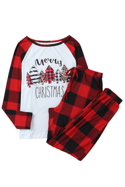 Fiery Red Plaid Merry Christmas Graphic Loungewear Set-Loungewear-MomFashion