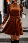 Chestnut Velvet Frilled Neck Gigot Sleeve Swing Dress-Dresses-MomFashion