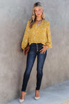 Yellow Split Neck Fall Printed Crinkled Blouse-Tops-MomFashion