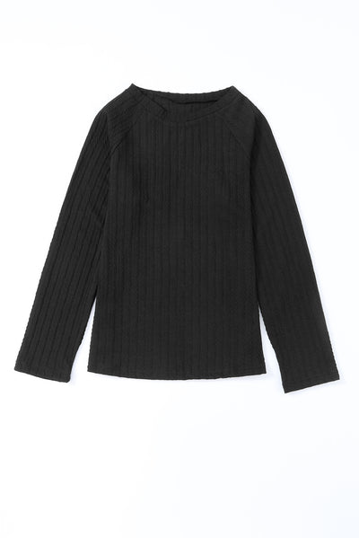 Black Ribbed Round Neck Knit Long Sleeve Top-Tops-MomFashion