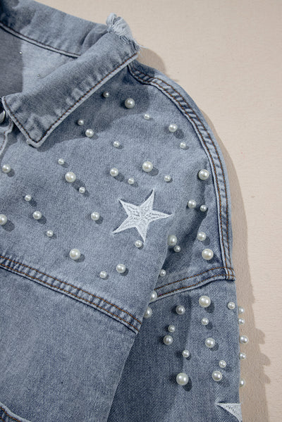 Sky Blue Distressed Pearls Star Cropped Denim Jacket-Outerwear-MomFashion