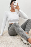 Gray Wide Waistband Ribbed Textured Knit Leggings-Bottoms-MomFashion