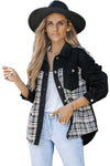 Black Plaid Patchwork Raw Hem Denim Jacket-Outerwear-MomFashion