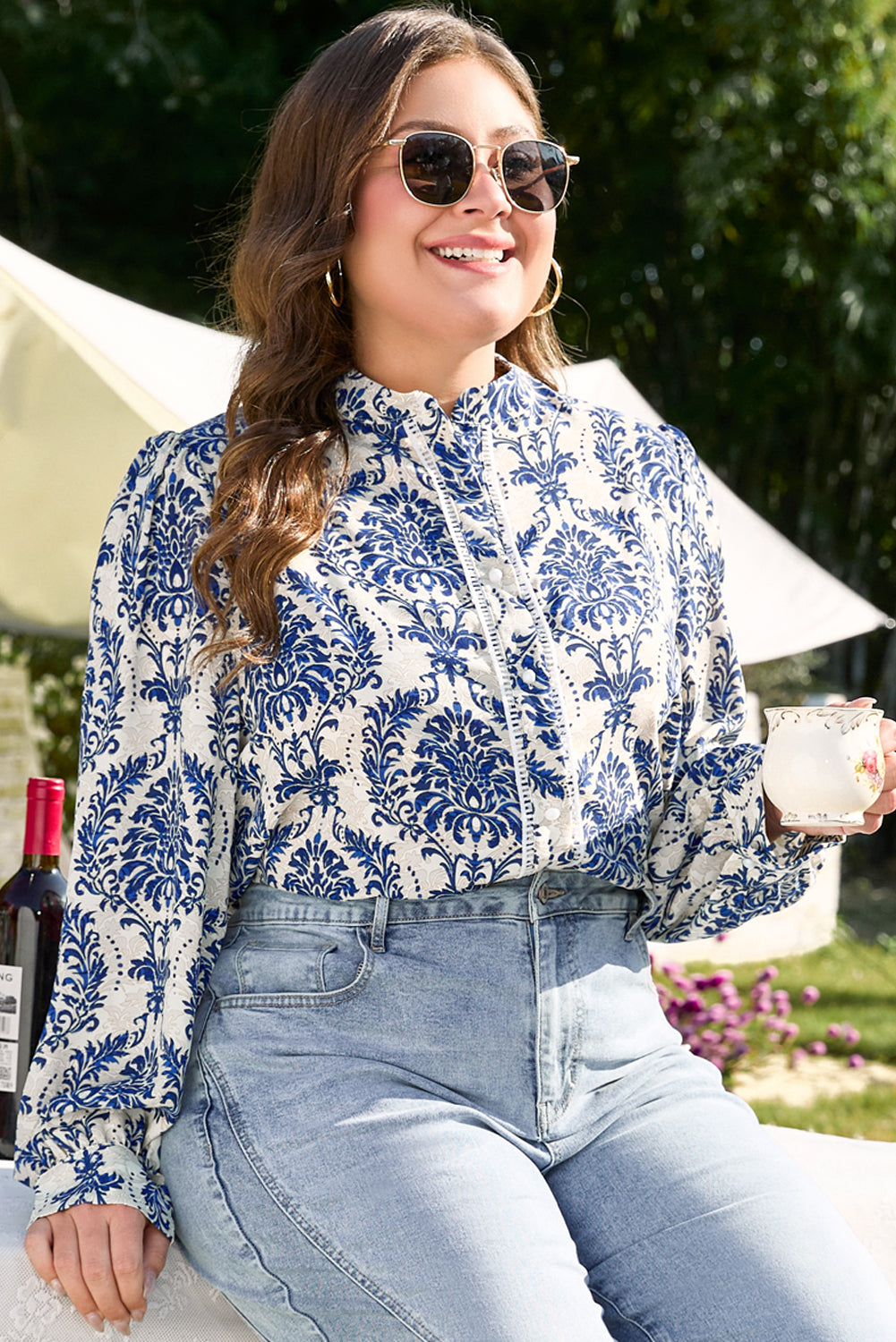 Sky Blue Tribal Pattern Print Notch Neck Buttoned Plus Size Shirt-Plus Size/Plus Size Tops/Plus Size Blouses & Shirts-MomFashion