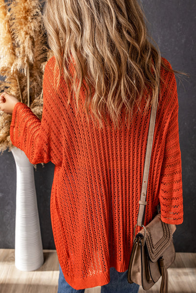 Orange Hollow-out Knit Kimono Lightweight Cardigan-Tops-MomFashion