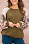 Brown Floral Patchwork Puff Sleeve Textured Blouse-Tops-MomFashion