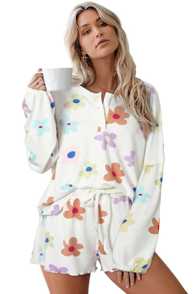 White Floral Long Sleeve Henley Top and Drawstring Shorts Set-Loungewear-MomFashion