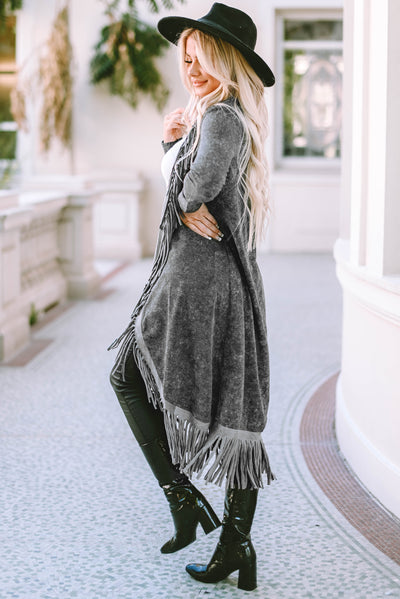 Black Fringed Hem Pocketed Open Cardigan-Tops-MomFashion