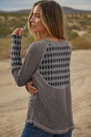 Gray Aztec Patchwork Ribbed Long Sleeve Top-Tops-MomFashion