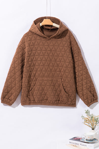 Coffee Solid Color Quilted Kangaroo Pocket Hoodie-Tops-MomFashion