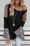 Black Sequin Patchwork Bell Sleeve V Neck Tunic Top-Tops-MomFashion