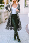 Black Fringed Hem Pocketed Open Cardigan-Tops-MomFashion