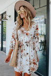 White V Neck 3/4 Sleeve Floral Dress-Dresses-MomFashion