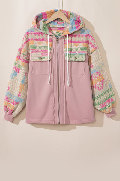 Light Pink Aztec Patch Drawstring Hooded Zip Up Jacket-Outerwear-MomFashion