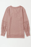 Pink Lace Waffle Patchwork Strappy V Neck Long Sleeve Top-Tops-MomFashion