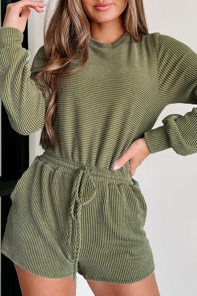 Jungle Green Corded Pullover Long Sleeve Drawstring Romper-Bottoms-MomFashion